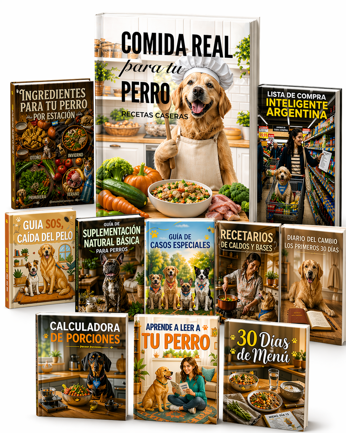 Perro feliz junto a un plato de comida natural casera